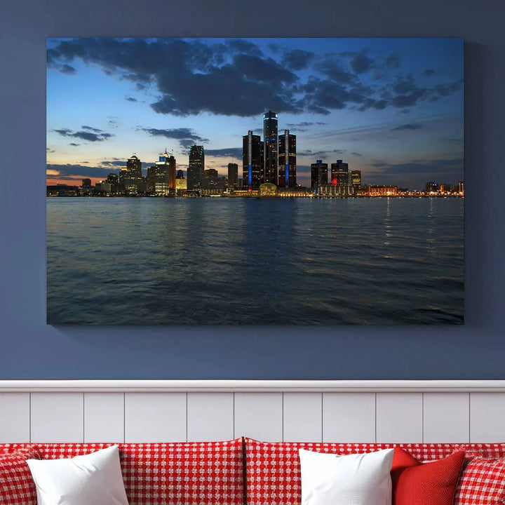 The living room showcases the Detroit City Lights Night Blue Cloudy Skyline Cityscape View Wall Art Canvas Print, which comes with a UV-protective coating. This museum-quality canvas is ready to hang, adding elegance to the space.