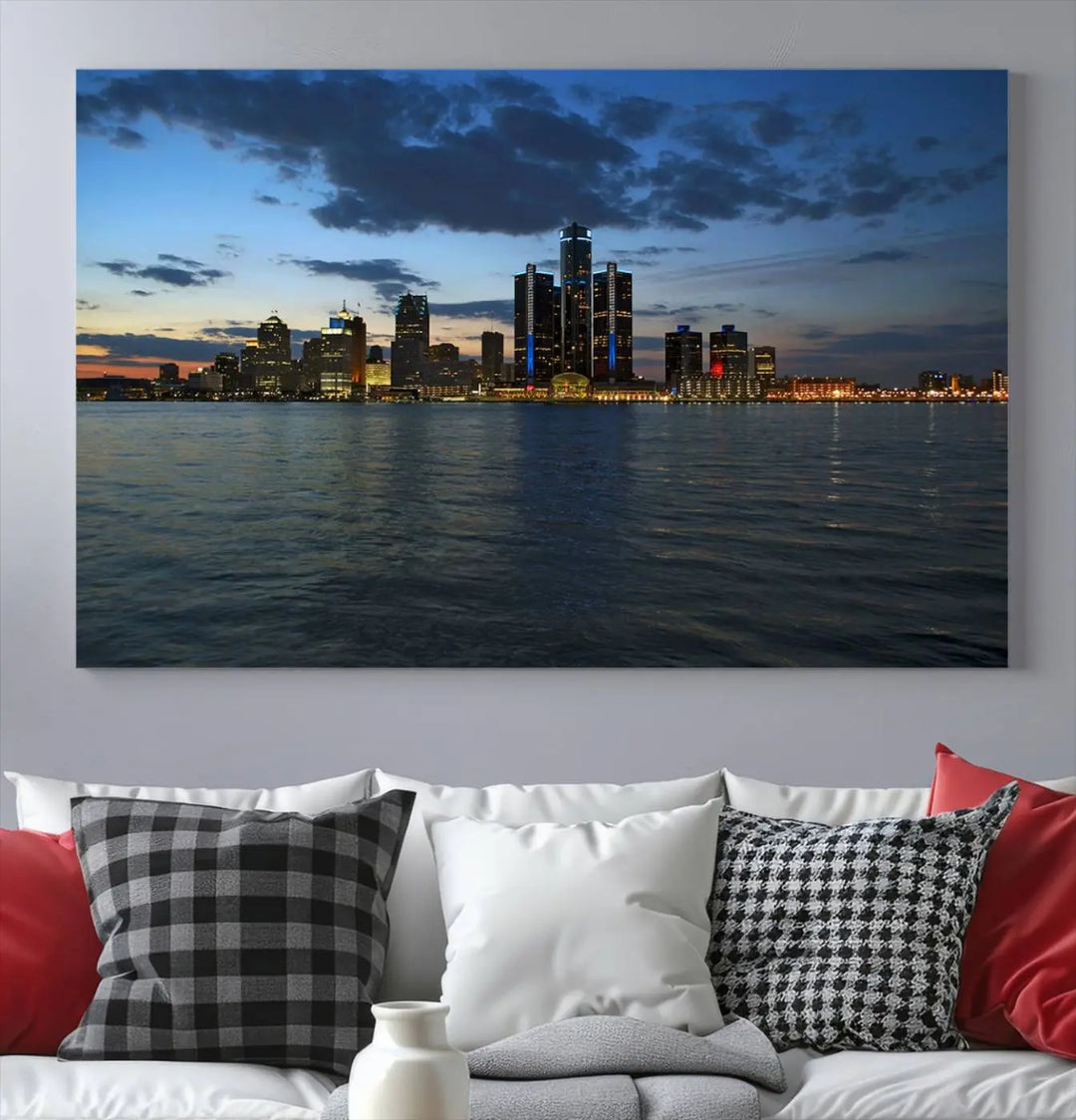 The living room showcases the Detroit City Lights Night Blue Cloudy Skyline Cityscape View Wall Art Canvas Print, which comes with a UV-protective coating. This museum-quality canvas is ready to hang, adding elegance to the space.