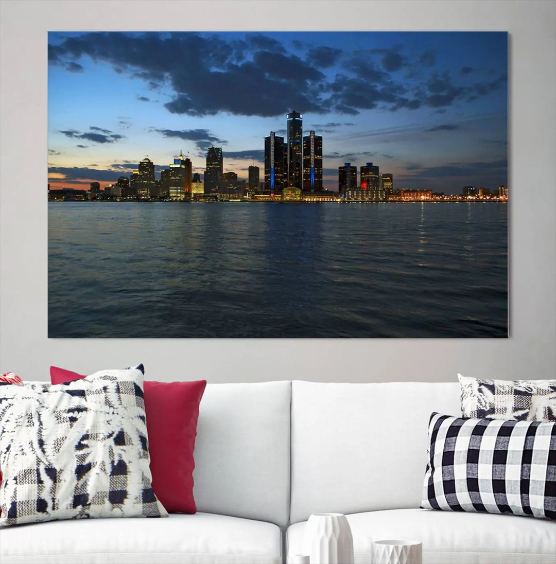 The living room showcases the Detroit City Lights Night Blue Cloudy Skyline Cityscape View Wall Art Canvas Print, which comes with a UV-protective coating. This museum-quality canvas is ready to hang, adding elegance to the space.