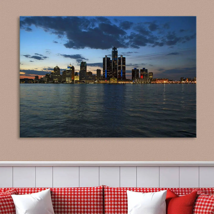 The living room showcases the Detroit City Lights Night Blue Cloudy Skyline Cityscape View Wall Art Canvas Print, which comes with a UV-protective coating. This museum-quality canvas is ready to hang, adding elegance to the space.