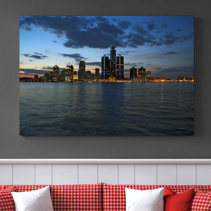 The living room showcases the Detroit City Lights Night Blue Cloudy Skyline Cityscape View Wall Art Canvas Print, which comes with a UV-protective coating. This museum-quality canvas is ready to hang, adding elegance to the space.