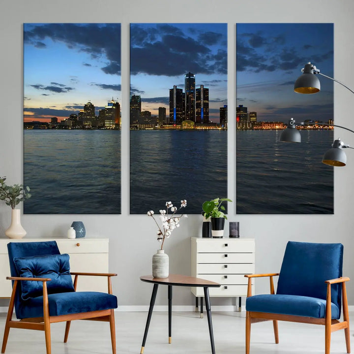 The living room showcases the Detroit City Lights Night Blue Cloudy Skyline Cityscape View Wall Art Canvas Print, which comes with a UV-protective coating. This museum-quality canvas is ready to hang, adding elegance to the space.