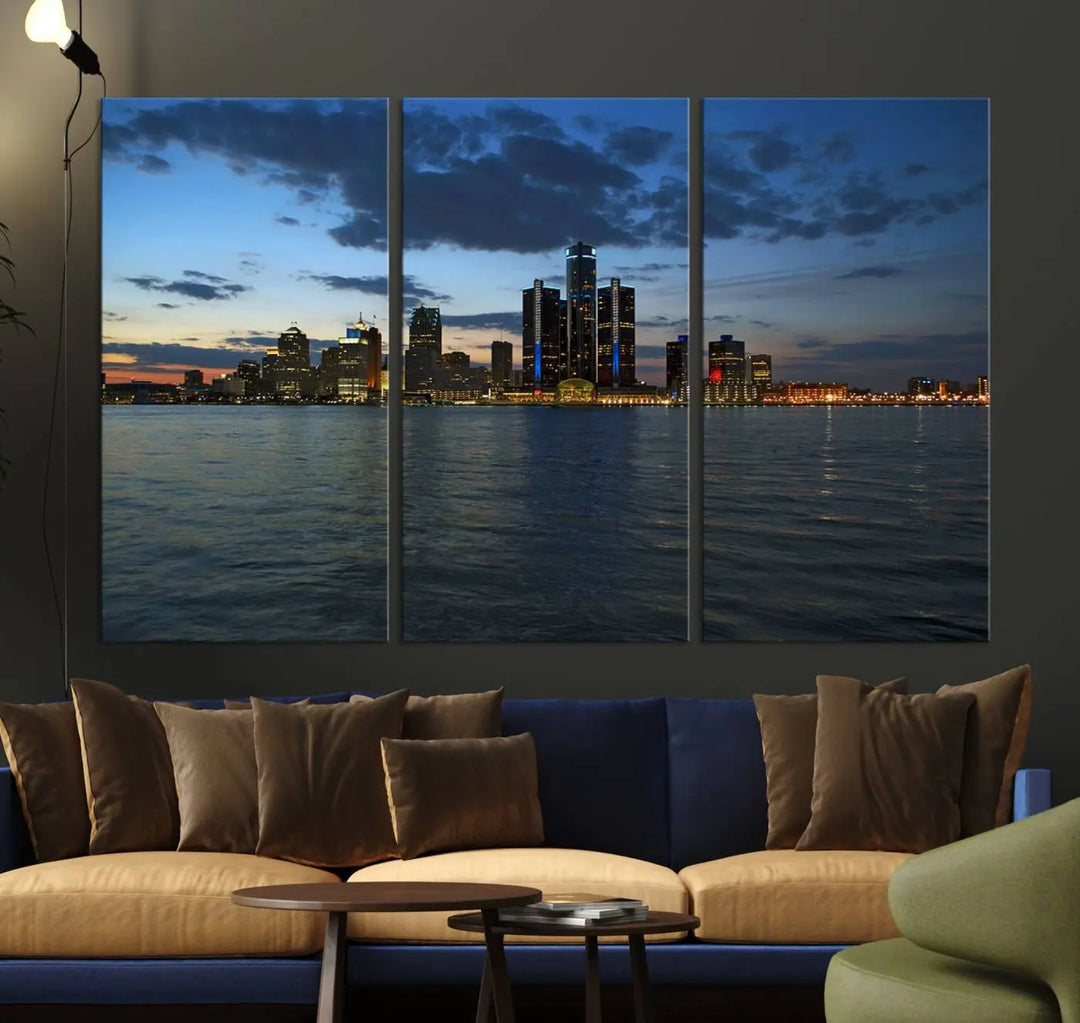 The living room showcases the Detroit City Lights Night Blue Cloudy Skyline Cityscape View Wall Art Canvas Print, which comes with a UV-protective coating. This museum-quality canvas is ready to hang, adding elegance to the space.