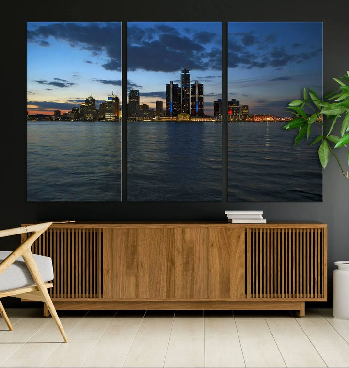 The living room showcases the Detroit City Lights Night Blue Cloudy Skyline Cityscape View Wall Art Canvas Print, which comes with a UV-protective coating. This museum-quality canvas is ready to hang, adding elegance to the space.