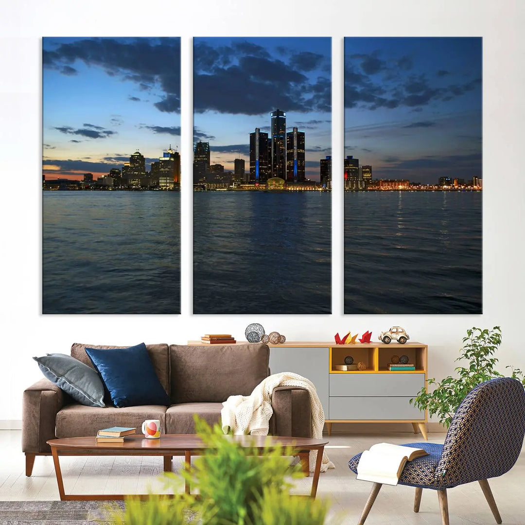 The living room showcases the Detroit City Lights Night Blue Cloudy Skyline Cityscape View Wall Art Canvas Print, which comes with a UV-protective coating. This museum-quality canvas is ready to hang, adding elegance to the space.