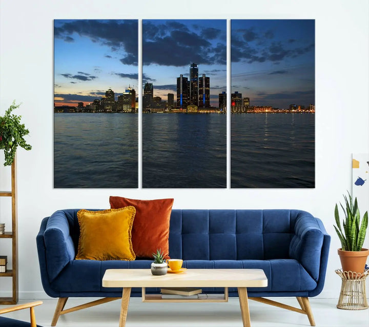 The living room showcases the Detroit City Lights Night Blue Cloudy Skyline Cityscape View Wall Art Canvas Print, which comes with a UV-protective coating. This museum-quality canvas is ready to hang, adding elegance to the space.