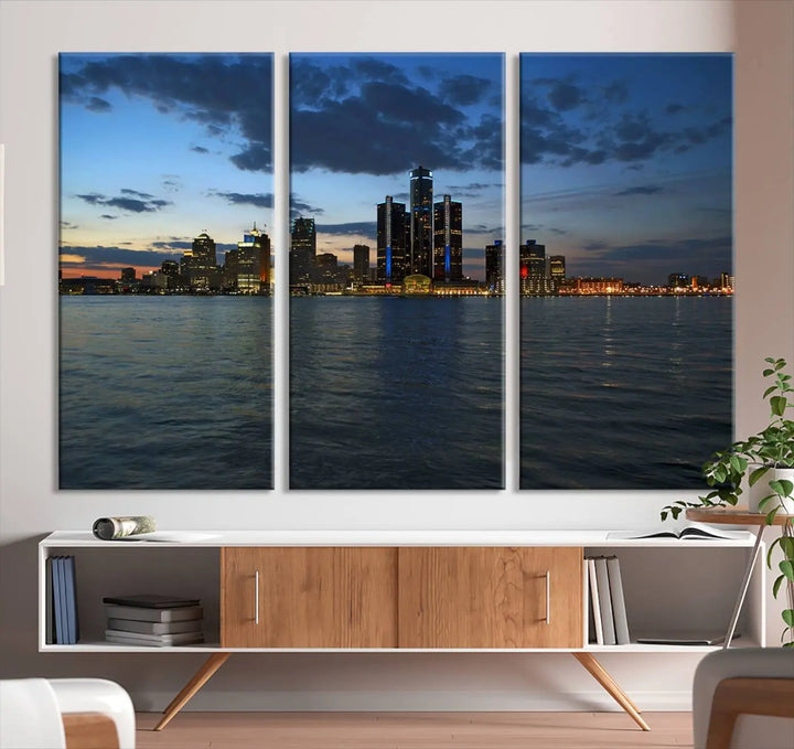 The living room showcases the Detroit City Lights Night Blue Cloudy Skyline Cityscape View Wall Art Canvas Print, which comes with a UV-protective coating. This museum-quality canvas is ready to hang, adding elegance to the space.