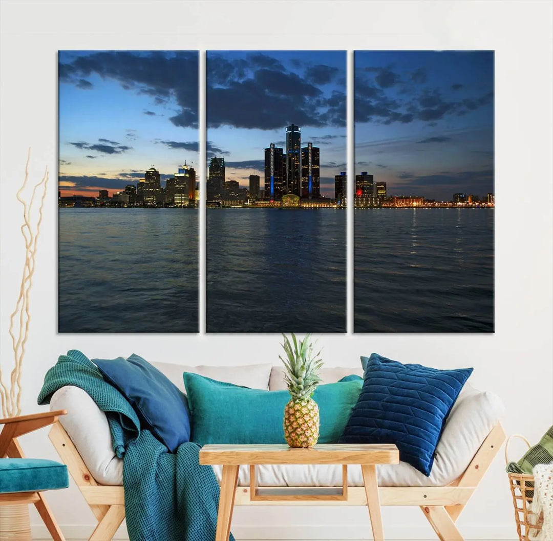 The living room showcases the Detroit City Lights Night Blue Cloudy Skyline Cityscape View Wall Art Canvas Print, which comes with a UV-protective coating. This museum-quality canvas is ready to hang, adding elegance to the space.