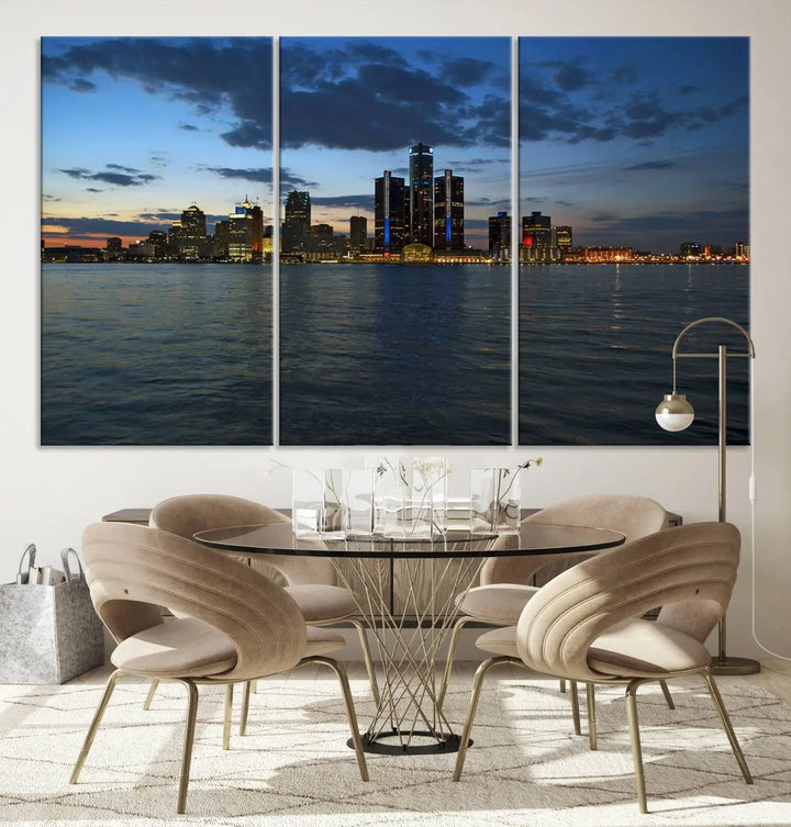 The living room showcases the Detroit City Lights Night Blue Cloudy Skyline Cityscape View Wall Art Canvas Print, which comes with a UV-protective coating. This museum-quality canvas is ready to hang, adding elegance to the space.