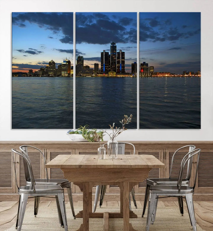 The living room showcases the Detroit City Lights Night Blue Cloudy Skyline Cityscape View Wall Art Canvas Print, which comes with a UV-protective coating. This museum-quality canvas is ready to hang, adding elegance to the space.