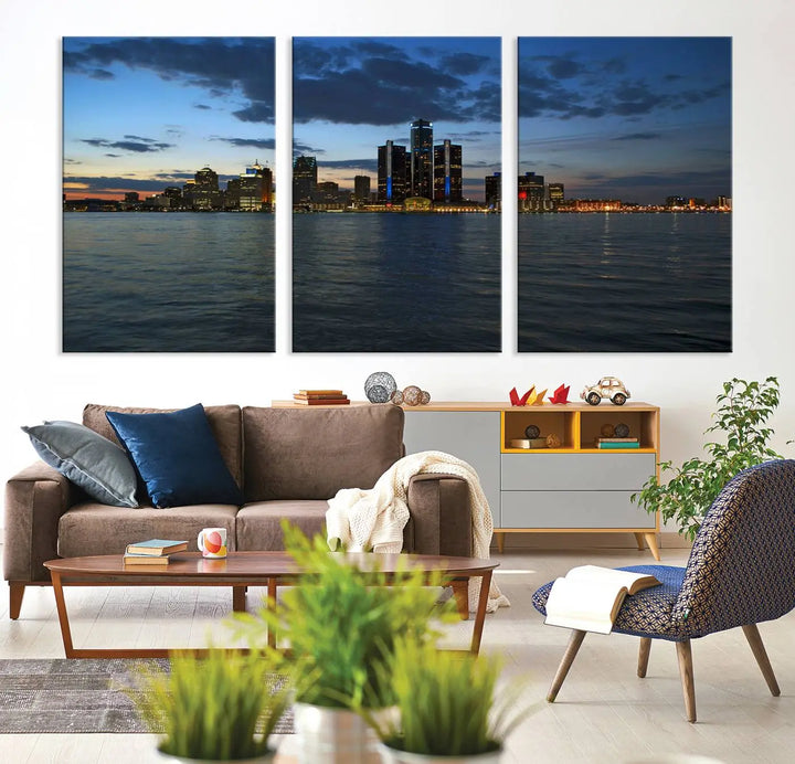 The living room showcases the Detroit City Lights Night Blue Cloudy Skyline Cityscape View Wall Art Canvas Print, which comes with a UV-protective coating. This museum-quality canvas is ready to hang, adding elegance to the space.