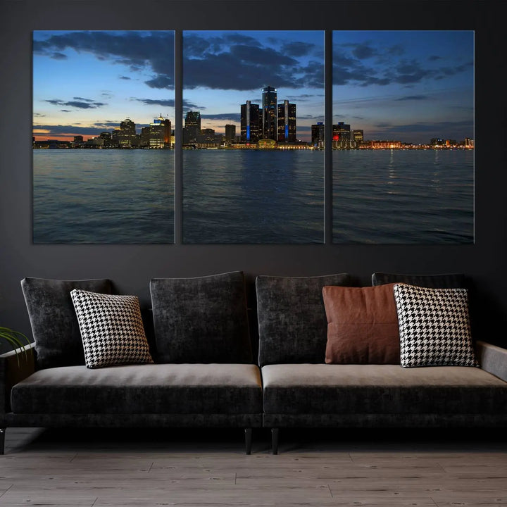 The living room showcases the Detroit City Lights Night Blue Cloudy Skyline Cityscape View Wall Art Canvas Print, which comes with a UV-protective coating. This museum-quality canvas is ready to hang, adding elegance to the space.