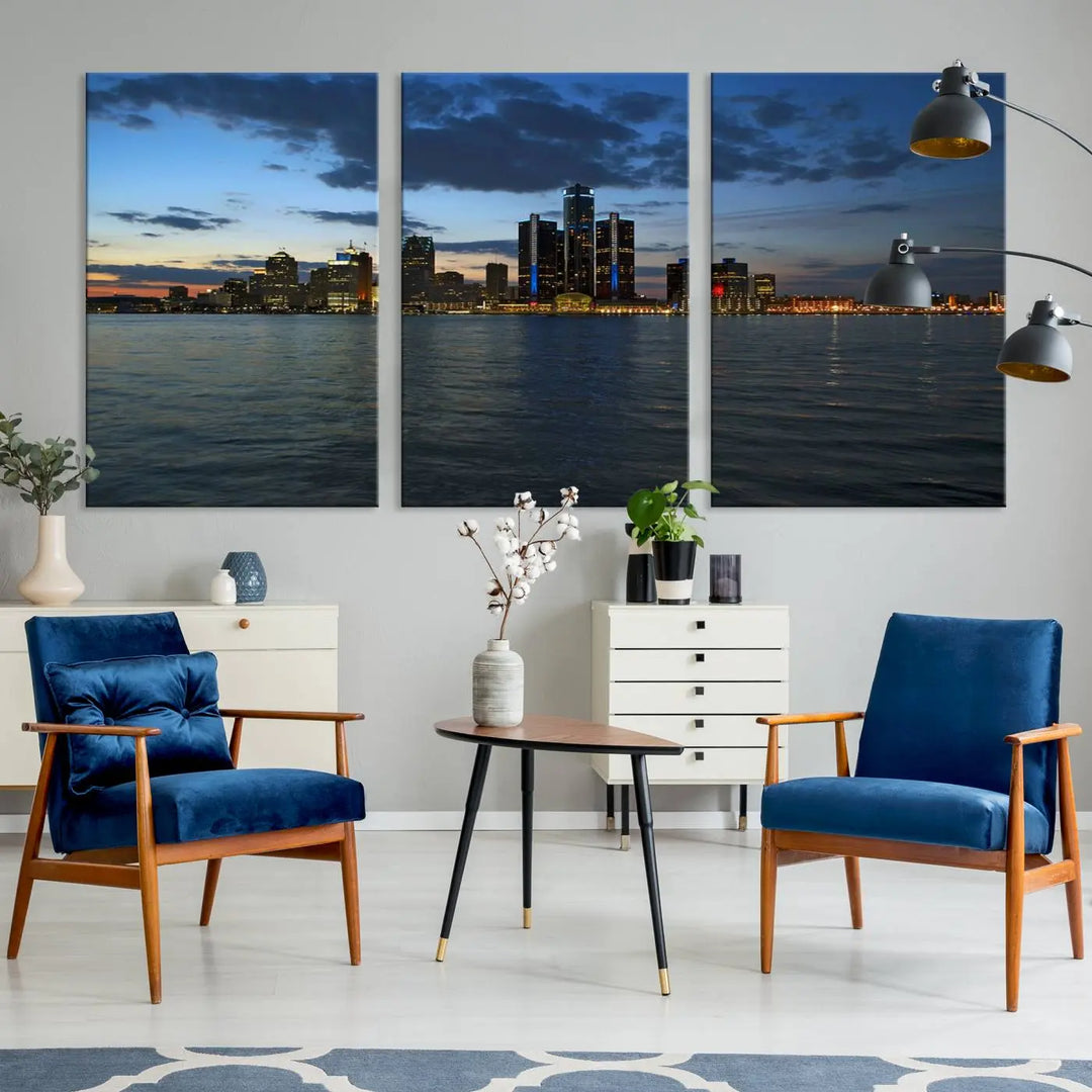 The living room showcases the Detroit City Lights Night Blue Cloudy Skyline Cityscape View Wall Art Canvas Print, which comes with a UV-protective coating. This museum-quality canvas is ready to hang, adding elegance to the space.