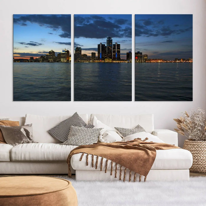 The living room showcases the Detroit City Lights Night Blue Cloudy Skyline Cityscape View Wall Art Canvas Print, which comes with a UV-protective coating. This museum-quality canvas is ready to hang, adding elegance to the space.