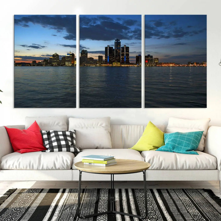 The living room showcases the Detroit City Lights Night Blue Cloudy Skyline Cityscape View Wall Art Canvas Print, which comes with a UV-protective coating. This museum-quality canvas is ready to hang, adding elegance to the space.