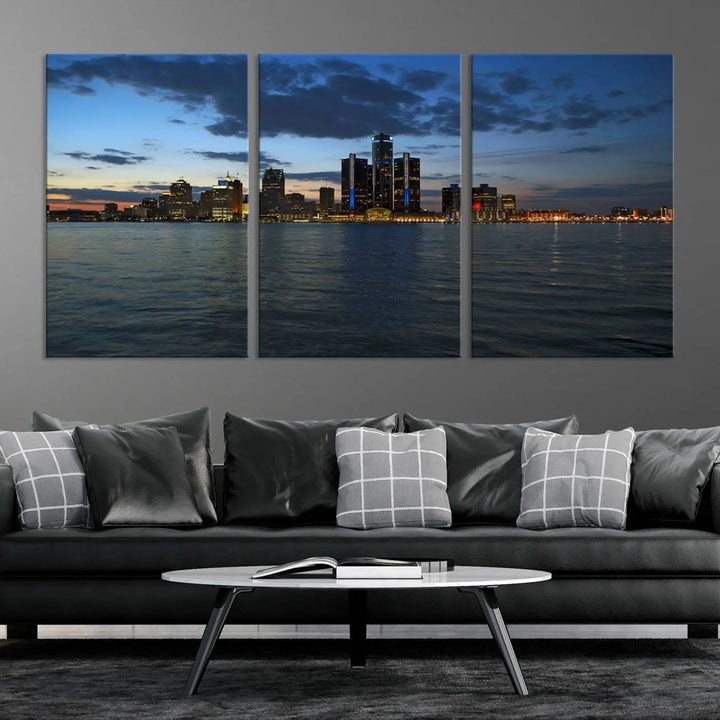 The living room showcases the Detroit City Lights Night Blue Cloudy Skyline Cityscape View Wall Art Canvas Print, which comes with a UV-protective coating. This museum-quality canvas is ready to hang, adding elegance to the space.