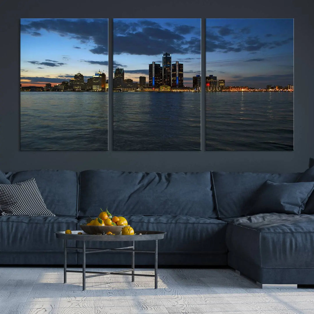 The living room showcases the Detroit City Lights Night Blue Cloudy Skyline Cityscape View Wall Art Canvas Print, which comes with a UV-protective coating. This museum-quality canvas is ready to hang, adding elegance to the space.