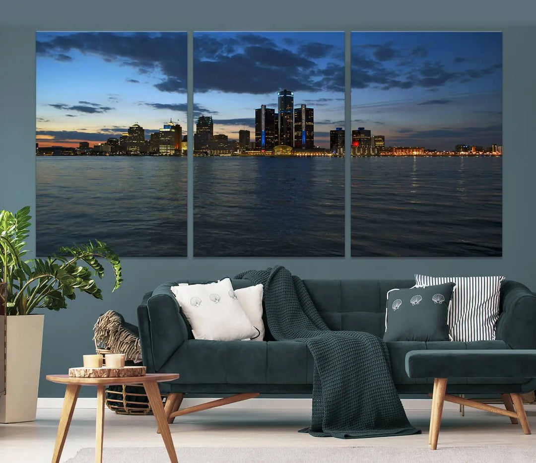 The living room showcases the Detroit City Lights Night Blue Cloudy Skyline Cityscape View Wall Art Canvas Print, which comes with a UV-protective coating. This museum-quality canvas is ready to hang, adding elegance to the space.