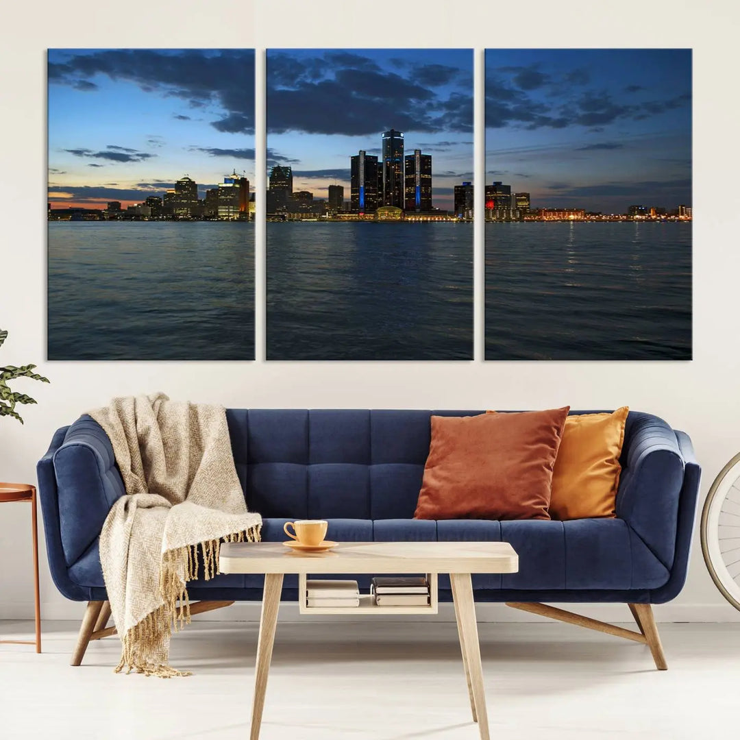 The living room showcases the Detroit City Lights Night Blue Cloudy Skyline Cityscape View Wall Art Canvas Print, which comes with a UV-protective coating. This museum-quality canvas is ready to hang, adding elegance to the space.