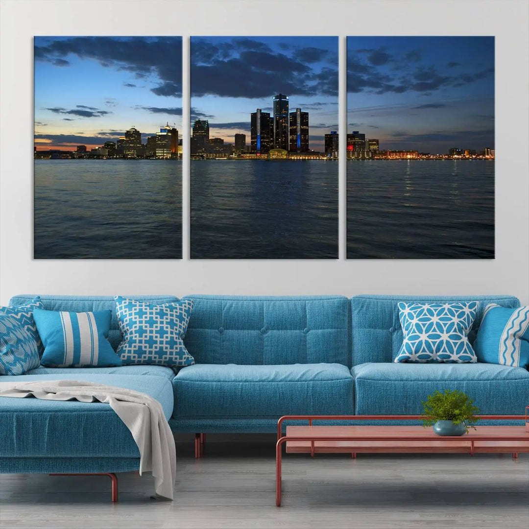 The living room showcases the Detroit City Lights Night Blue Cloudy Skyline Cityscape View Wall Art Canvas Print, which comes with a UV-protective coating. This museum-quality canvas is ready to hang, adding elegance to the space.