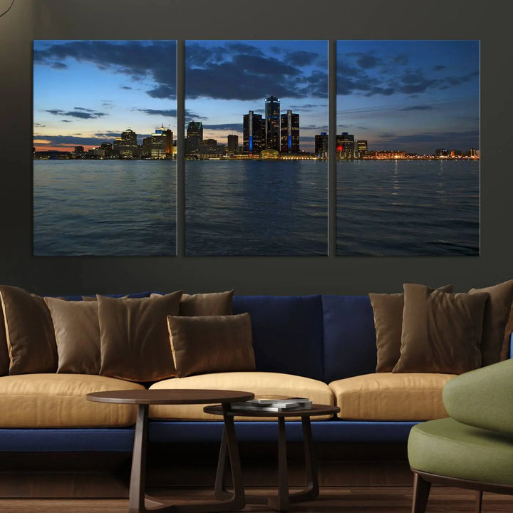 The living room showcases the Detroit City Lights Night Blue Cloudy Skyline Cityscape View Wall Art Canvas Print, which comes with a UV-protective coating. This museum-quality canvas is ready to hang, adding elegance to the space.