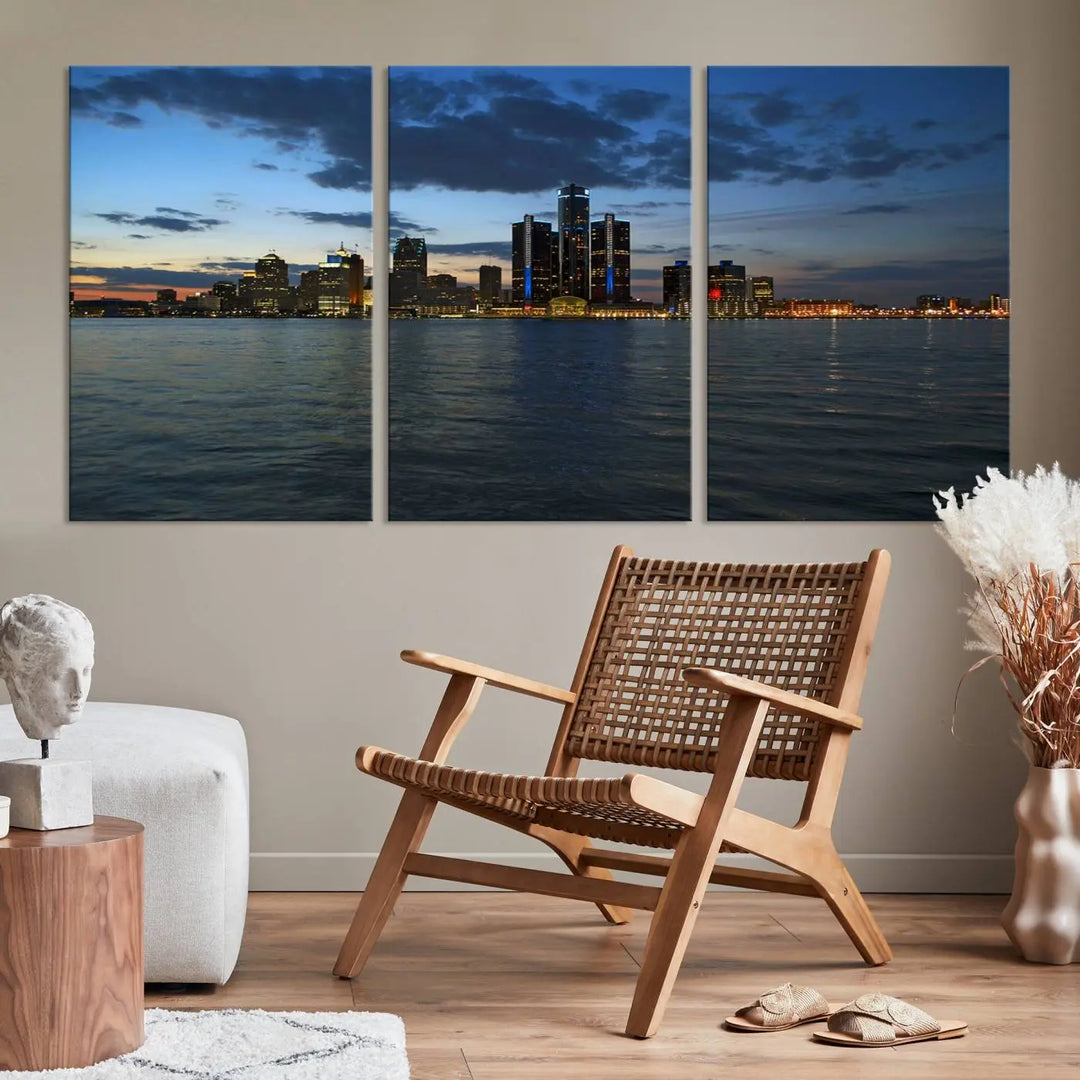 The living room showcases the Detroit City Lights Night Blue Cloudy Skyline Cityscape View Wall Art Canvas Print, which comes with a UV-protective coating. This museum-quality canvas is ready to hang, adding elegance to the space.