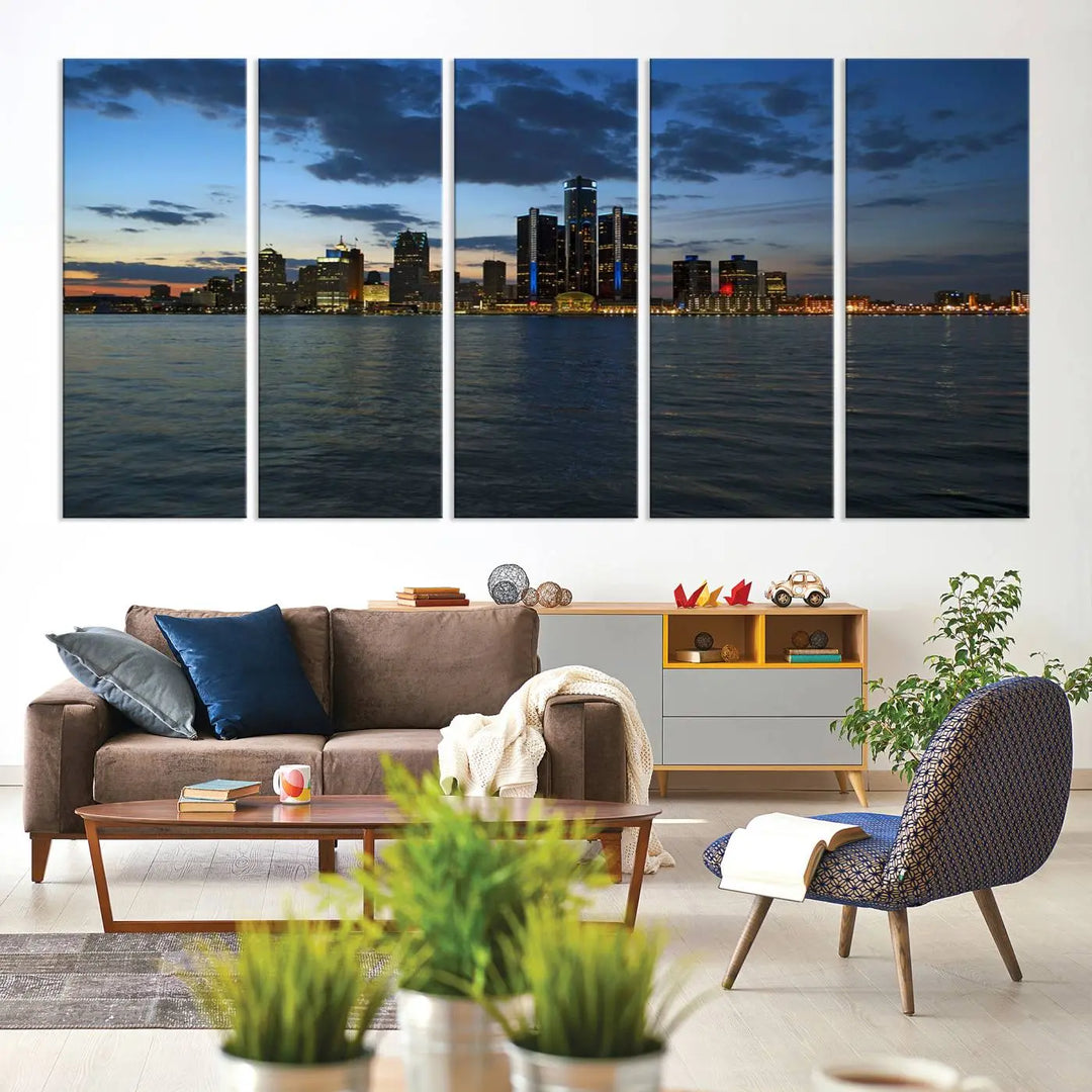 The living room showcases the Detroit City Lights Night Blue Cloudy Skyline Cityscape View Wall Art Canvas Print, which comes with a UV-protective coating. This museum-quality canvas is ready to hang, adding elegance to the space.