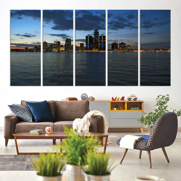 The living room showcases the Detroit City Lights Night Blue Cloudy Skyline Cityscape View Wall Art Canvas Print, which comes with a UV-protective coating. This museum-quality canvas is ready to hang, adding elegance to the space.