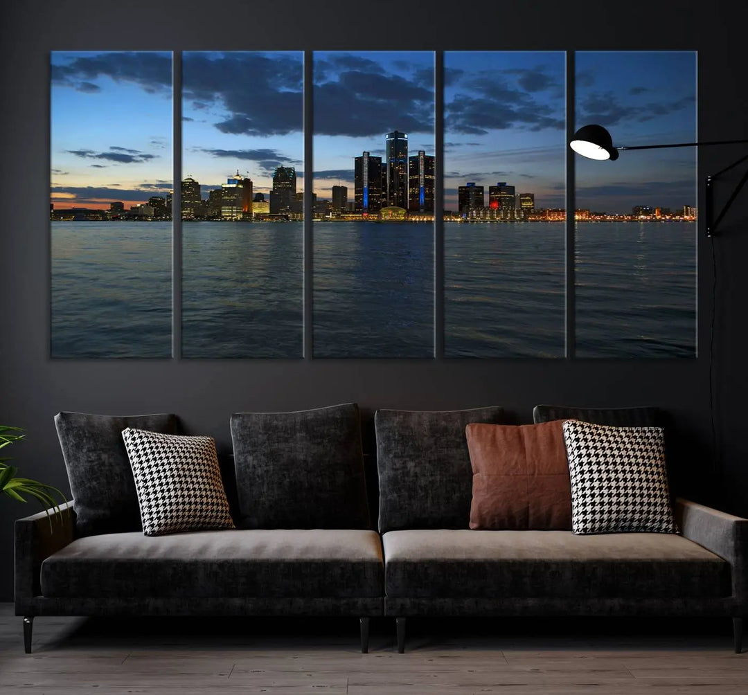 The living room showcases the Detroit City Lights Night Blue Cloudy Skyline Cityscape View Wall Art Canvas Print, which comes with a UV-protective coating. This museum-quality canvas is ready to hang, adding elegance to the space.