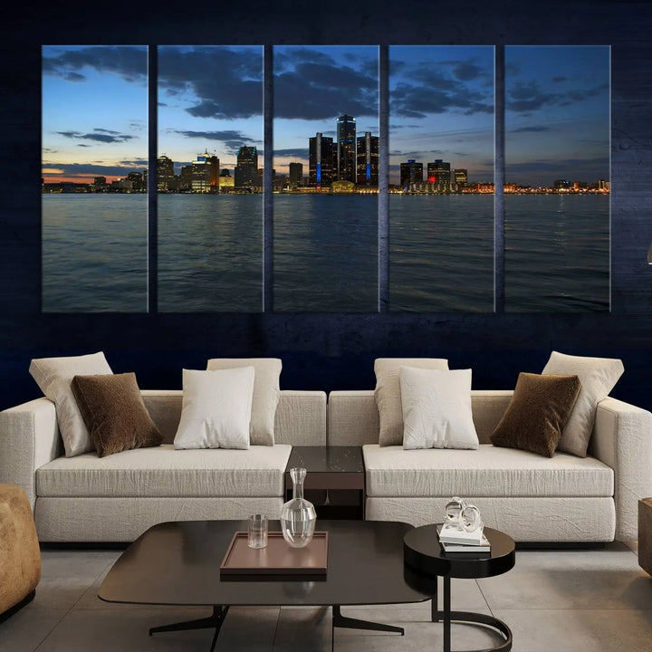 The living room showcases the Detroit City Lights Night Blue Cloudy Skyline Cityscape View Wall Art Canvas Print, which comes with a UV-protective coating. This museum-quality canvas is ready to hang, adding elegance to the space.