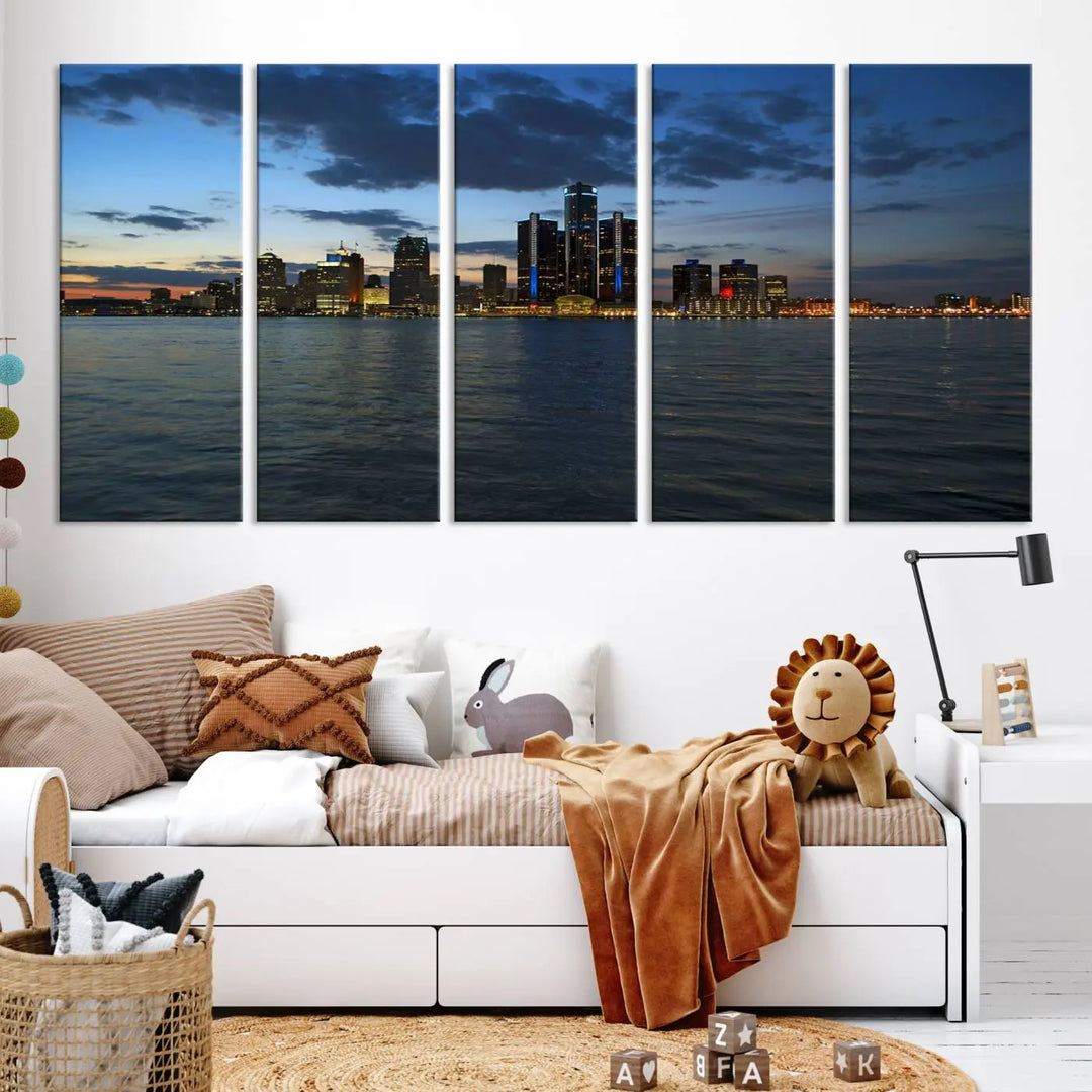 The living room showcases the Detroit City Lights Night Blue Cloudy Skyline Cityscape View Wall Art Canvas Print, which comes with a UV-protective coating. This museum-quality canvas is ready to hang, adding elegance to the space.