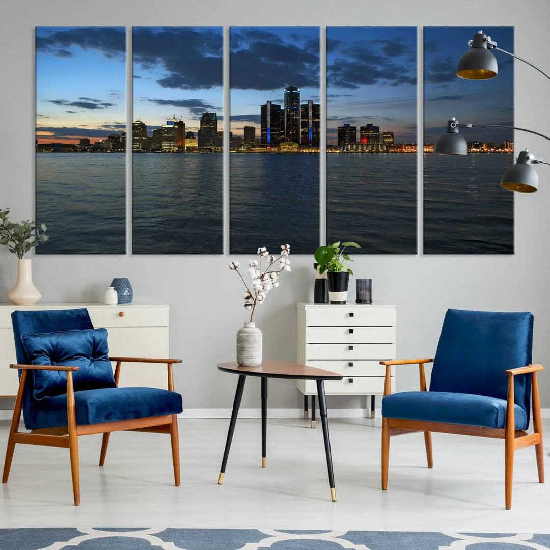 The living room showcases the Detroit City Lights Night Blue Cloudy Skyline Cityscape View Wall Art Canvas Print, which comes with a UV-protective coating. This museum-quality canvas is ready to hang, adding elegance to the space.