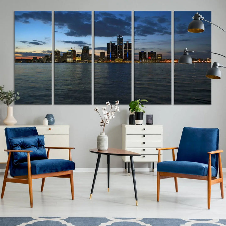 The living room showcases the Detroit City Lights Night Blue Cloudy Skyline Cityscape View Wall Art Canvas Print, which comes with a UV-protective coating. This museum-quality canvas is ready to hang, adding elegance to the space.