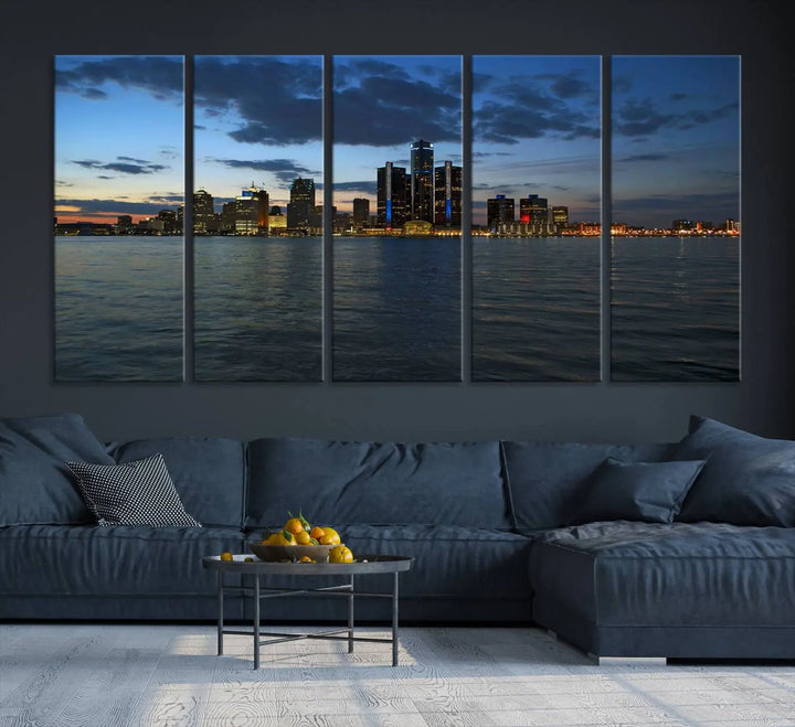 The living room showcases the Detroit City Lights Night Blue Cloudy Skyline Cityscape View Wall Art Canvas Print, which comes with a UV-protective coating. This museum-quality canvas is ready to hang, adding elegance to the space.