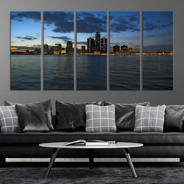 The living room showcases the Detroit City Lights Night Blue Cloudy Skyline Cityscape View Wall Art Canvas Print, which comes with a UV-protective coating. This museum-quality canvas is ready to hang, adding elegance to the space.