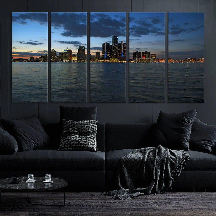 The living room showcases the Detroit City Lights Night Blue Cloudy Skyline Cityscape View Wall Art Canvas Print, which comes with a UV-protective coating. This museum-quality canvas is ready to hang, adding elegance to the space.