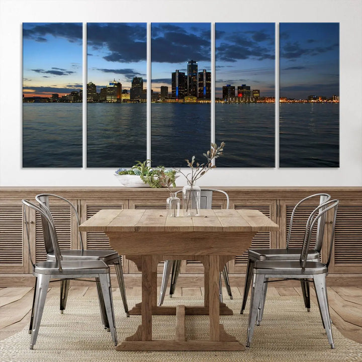 The living room showcases the Detroit City Lights Night Blue Cloudy Skyline Cityscape View Wall Art Canvas Print, which comes with a UV-protective coating. This museum-quality canvas is ready to hang, adding elegance to the space.