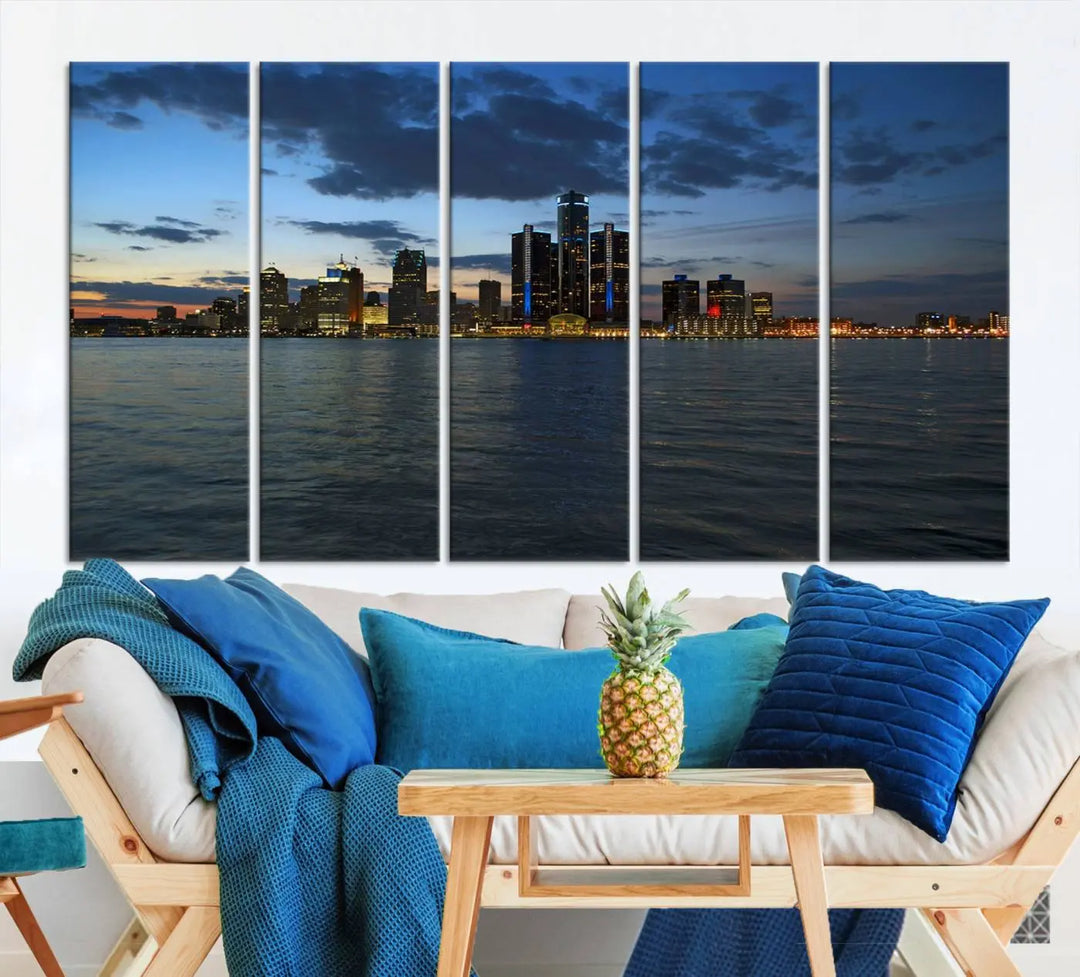 The living room showcases the Detroit City Lights Night Blue Cloudy Skyline Cityscape View Wall Art Canvas Print, which comes with a UV-protective coating. This museum-quality canvas is ready to hang, adding elegance to the space.