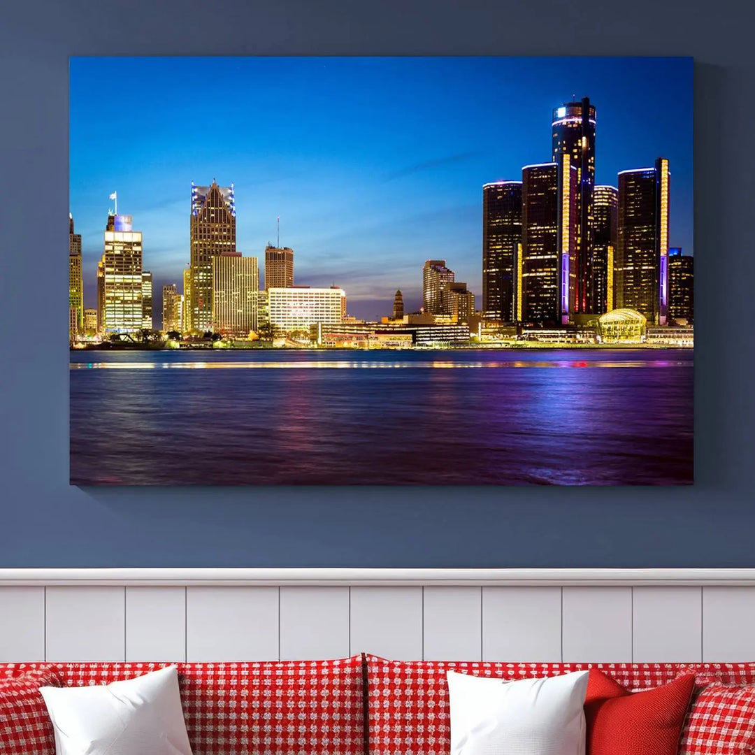 The "Detroit City Lights Night Bright Blue Skyline Cityscape View Wall Art Canvas Print" is displayed above the dresser on gallery-wrapped, museum-quality canvas with a UV-protective coating.