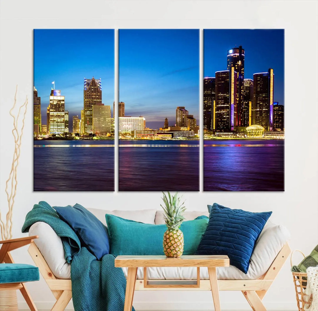 The "Detroit City Lights Night Bright Blue Skyline Cityscape View Wall Art Canvas Print" is displayed above the dresser on gallery-wrapped, museum-quality canvas with a UV-protective coating.