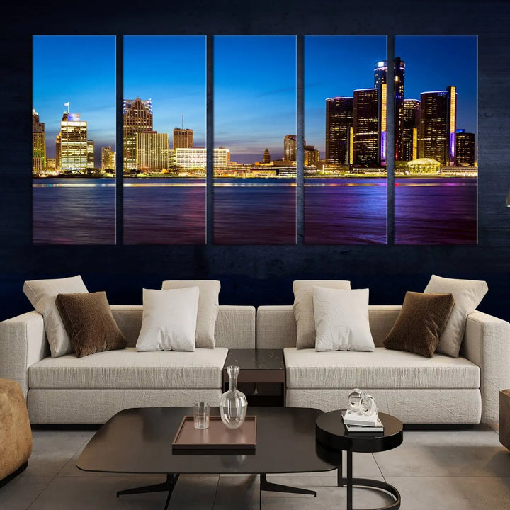 The "Detroit City Lights Night Bright Blue Skyline Cityscape View Wall Art Canvas Print" is displayed above the dresser on gallery-wrapped, museum-quality canvas with a UV-protective coating.