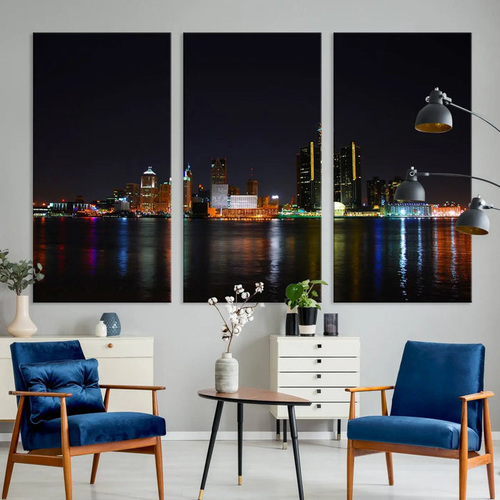 A large Detroit City Lights Night Skyline Cityscape View Wall Art Canvas Print hangs on the wall, elegantly gallery-wrapped.