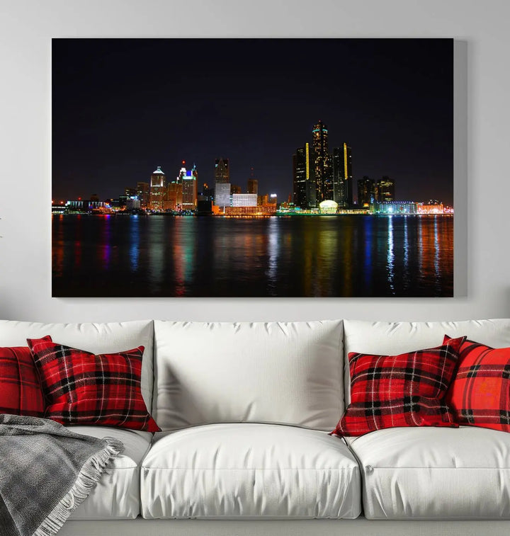 A large Detroit City Lights Night Skyline Cityscape View Wall Art Canvas Print hangs on the wall, elegantly gallery-wrapped.