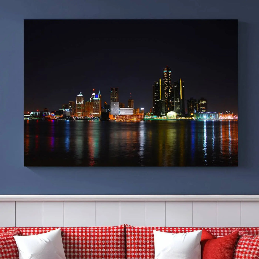 A large Detroit City Lights Night Skyline Cityscape View Wall Art Canvas Print hangs on the wall, elegantly gallery-wrapped.