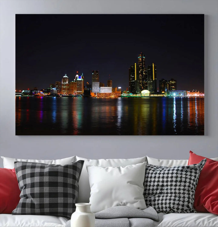 A large Detroit City Lights Night Skyline Cityscape View Wall Art Canvas Print hangs on the wall, elegantly gallery-wrapped.