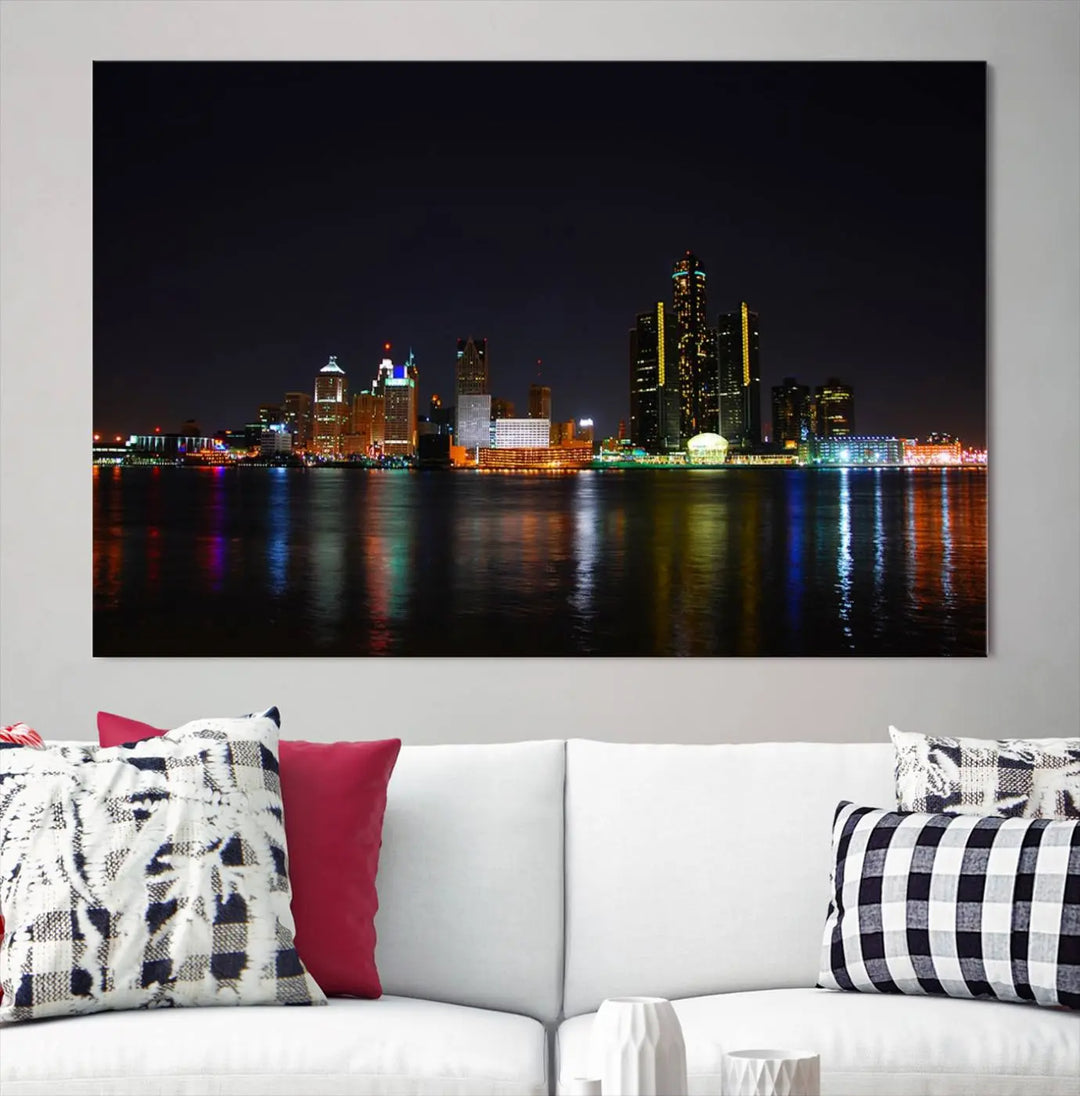 A large Detroit City Lights Night Skyline Cityscape View Wall Art Canvas Print hangs on the wall, elegantly gallery-wrapped.