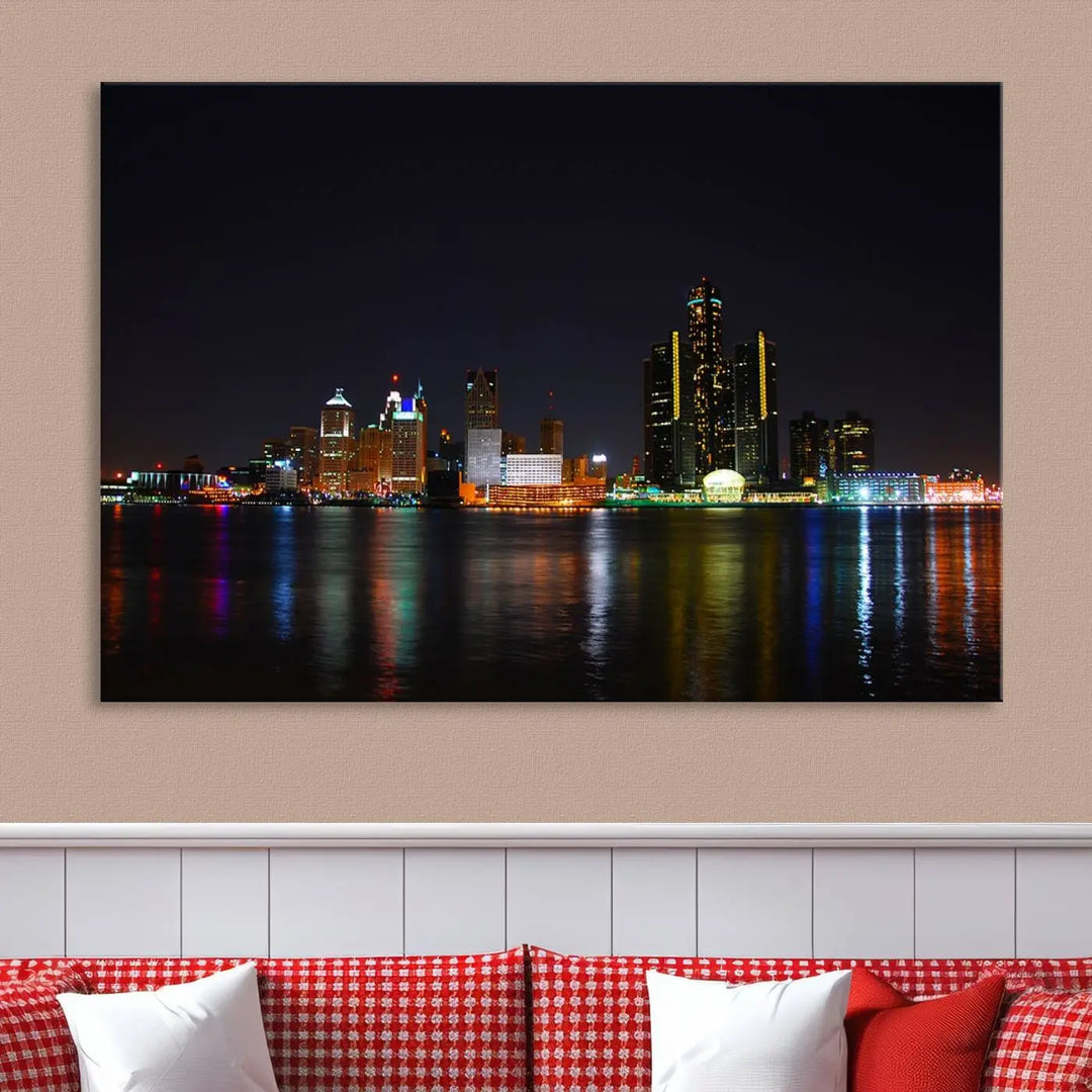 A large Detroit City Lights Night Skyline Cityscape View Wall Art Canvas Print hangs on the wall, elegantly gallery-wrapped.