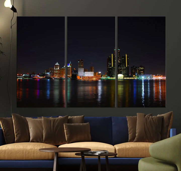 A large Detroit City Lights Night Skyline Cityscape View Wall Art Canvas Print hangs on the wall, elegantly gallery-wrapped.