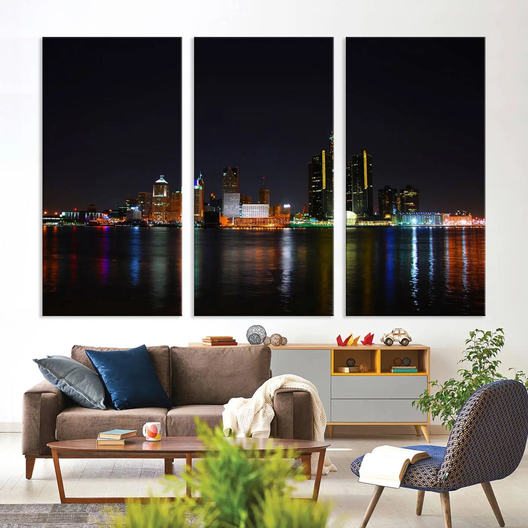 A large Detroit City Lights Night Skyline Cityscape View Wall Art Canvas Print hangs on the wall, elegantly gallery-wrapped.