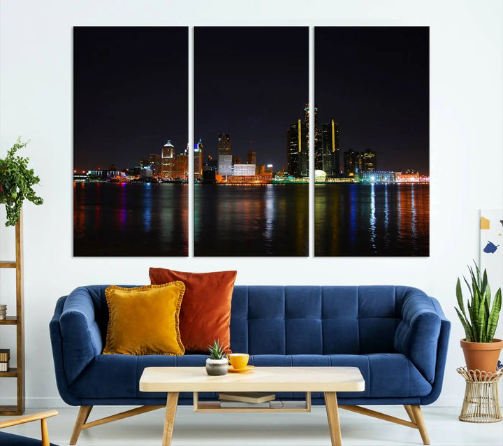 A large Detroit City Lights Night Skyline Cityscape View Wall Art Canvas Print hangs on the wall, elegantly gallery-wrapped.